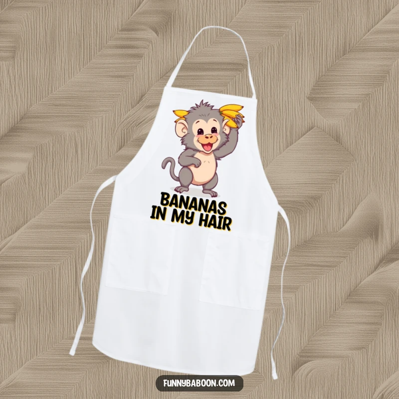 Funny Kawaii baboon apron, playfully balancing a cluster of bananas on its head, ready for kitchen adventures with primate flair.