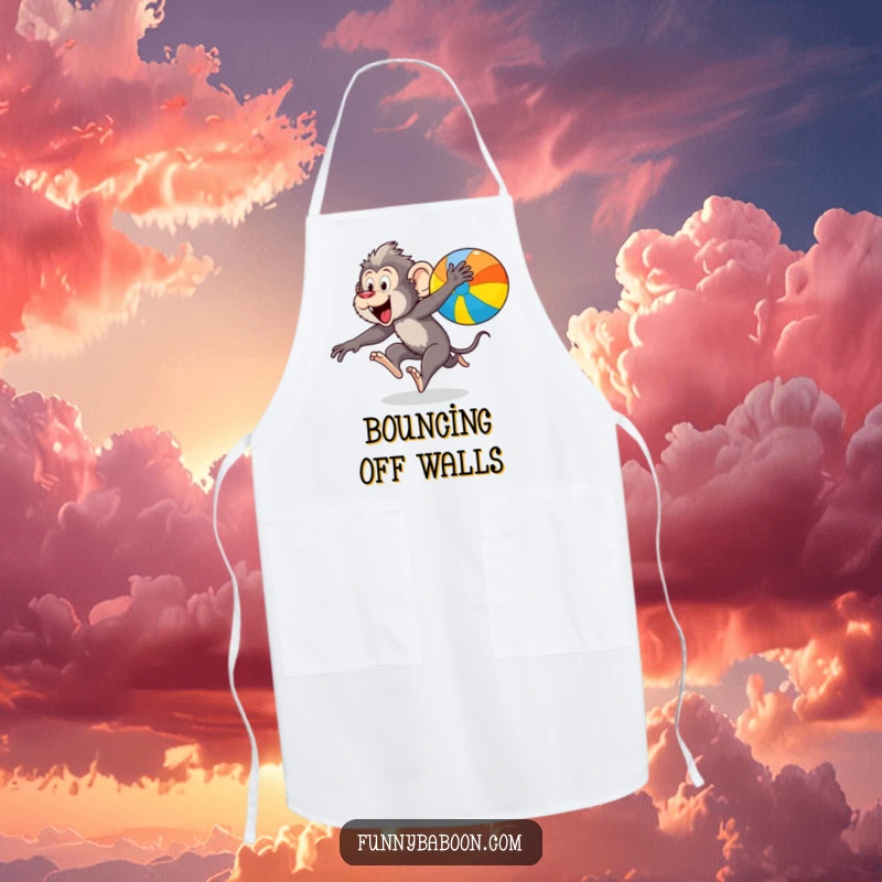Funny Kawaii baboon apron, leaping excitedly after a colorful bouncing ball, ready for kitchen fun with primate energy.