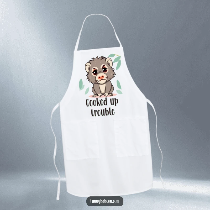 Funny Kawaii baboon apron, making a mischievous face with a glint in its eye, ready for kitchen fun with primate flair.
