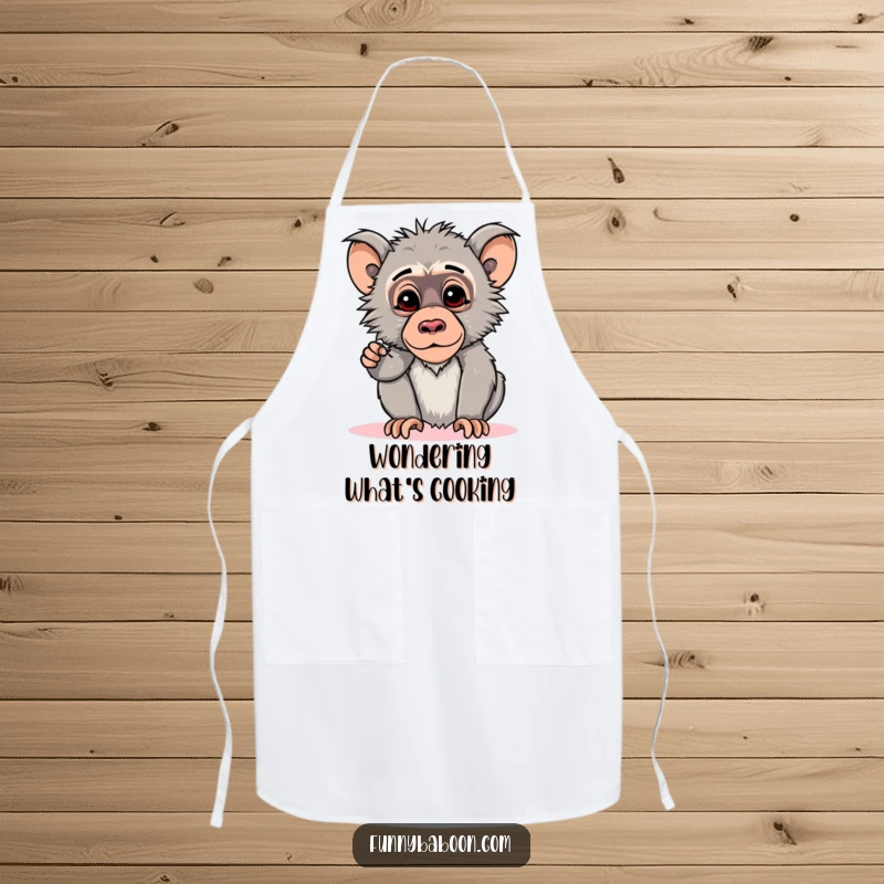 Funny Kawaii baboon apron, striking a curious pose, head tilted downwards, ready for kitchen fun with primate intellect.