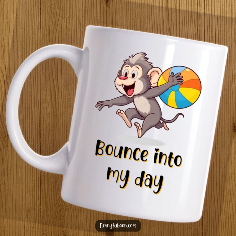 Funny Kawaii baboon mug, excitedly leaping high in the air after a vibrant, colorful bouncing ball, full of primate energy.