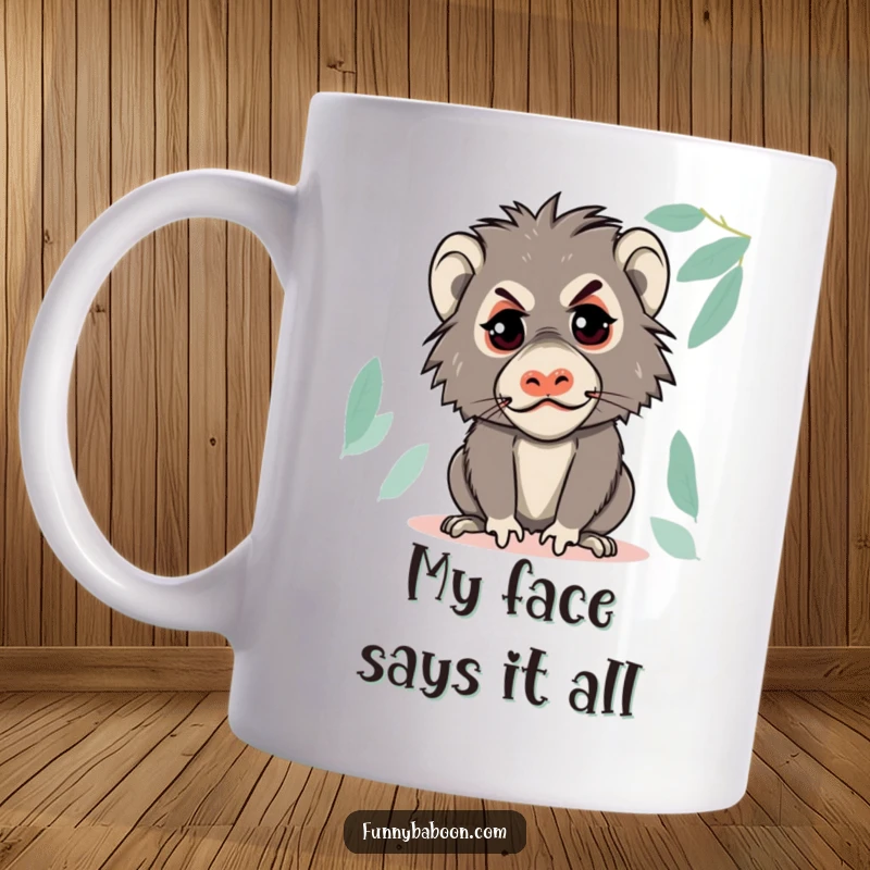 Funny Kawaii baboon mug, pulling a comically mischievous face with a sly glint in its eye, radiating primate impishness.