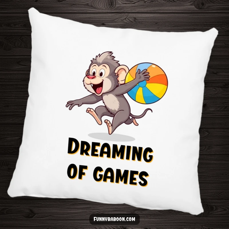 Funny Kawaii baboon pillow, leaping energetically after a colorful bouncing ball, offering cuddly humor and primate action.