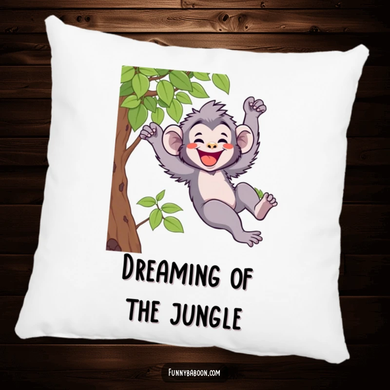 Funny Kawaii baboon pillow, captured mid-swing on a vine with a huge grin, offering cuddly humor and primate charm.