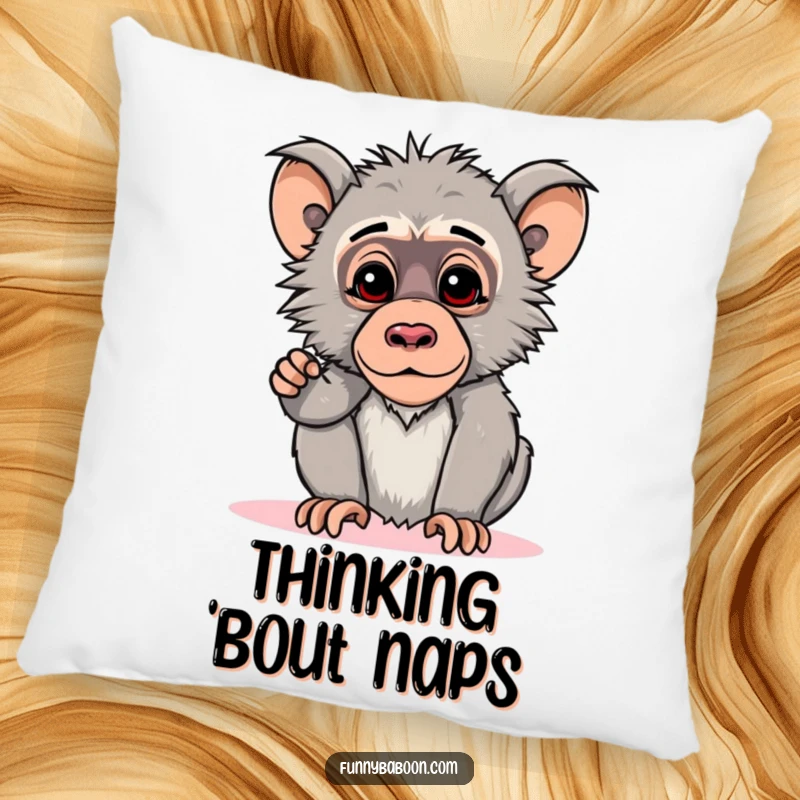 Funny Kawaii baboon pillow, striking a curious pose with its head tilted down, offering cuddly humor and primate thoughtfulness.