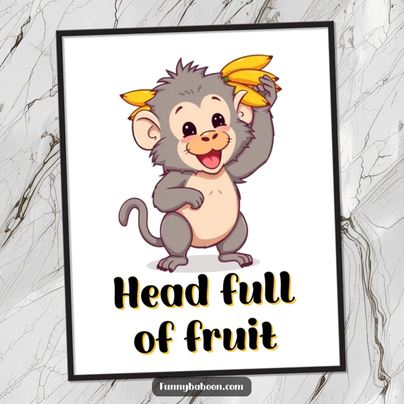 Funny Kawaii baboon digital art print, playfully balancing a bunch of bananas on its head, capturing primate silliness and humor.