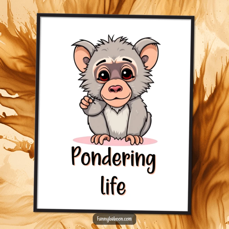 Funny Kawaii baboon digital art print, striking a curious pose, head tilted downwards, capturing primate thoughtfulness and humor.