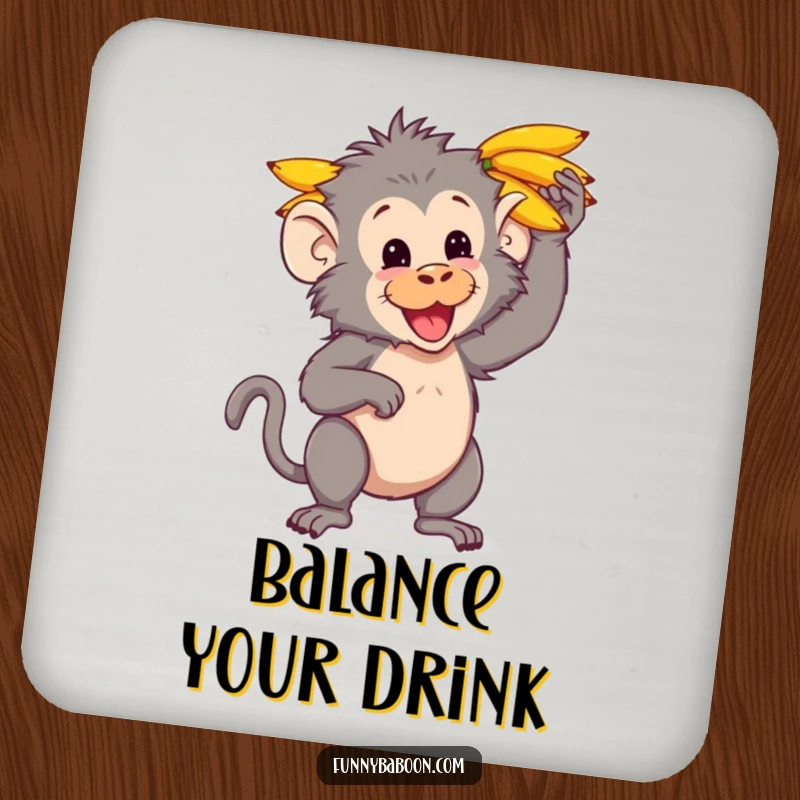 Funny Kawaii baboon coaster, playfully balancing a bunch of bananas on its head, protecting surfaces with primate silliness.
