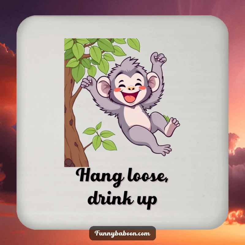 Funny Kawaii baboon coaster, joyfully swinging from a vine with a wide grin, protecting surfaces with primate charm and humor.