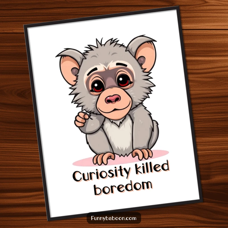 Funny Kawaii baboon poster, striking a curious pose with head tilted downwards, embodying primate contemplation and humorous inquiry.