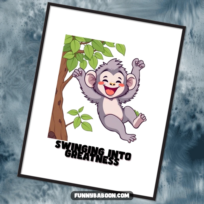 Funny Kawaii baboon poster, swinging joyfully from a vine, wide grin on its face, exuding pure primate happiness and humor.