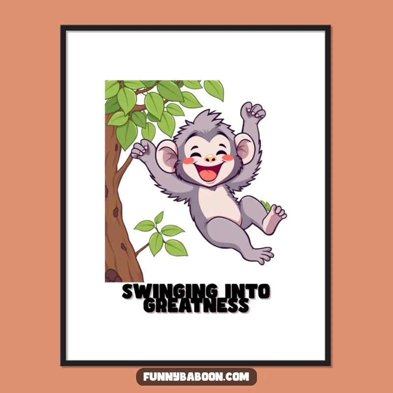 Funny Kawaii Baboon Swinging Poster: Hilarious Primate Wall Art for Joyful Gifts