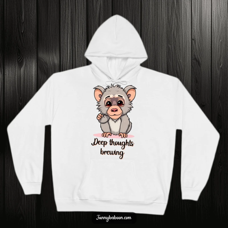 Funny Kawaii baboon hoodie, striking a curious pose with its head tilted down, combining comfort with primate thoughtfulness.