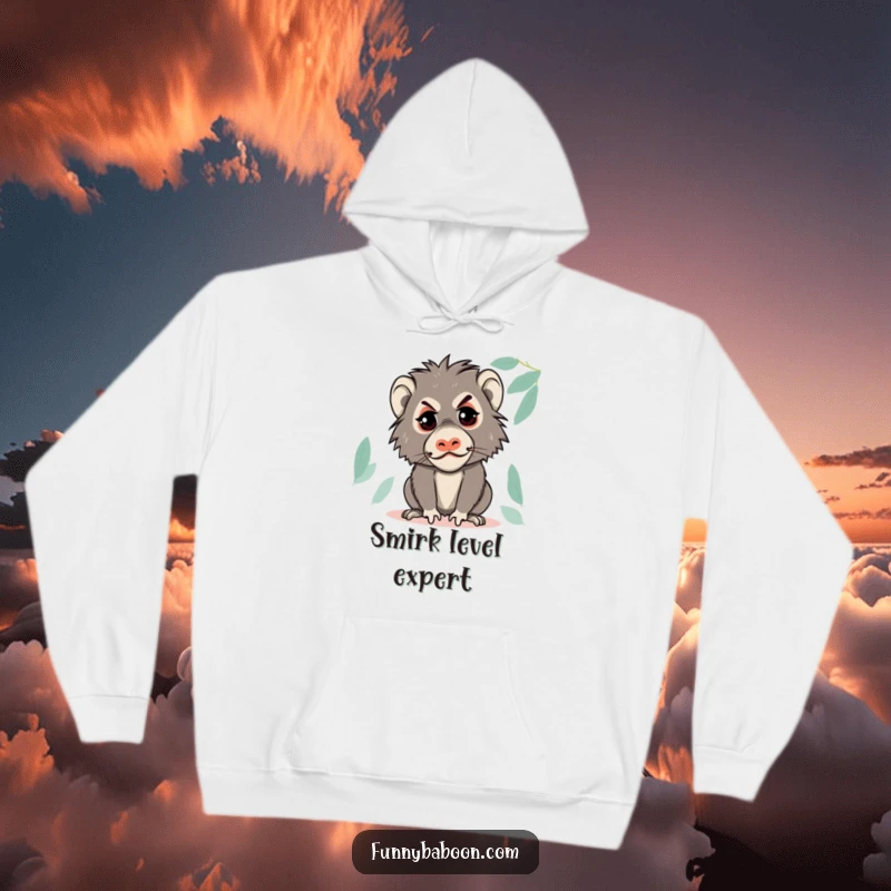Funny Kawaii baboon hoodie, making a funny, mischievous face with a playful glint, combining comfort with primate cheekiness.