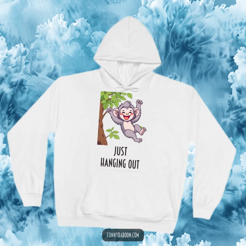 Funny Kawaii baboon hoodie, depicted mid-swing on a vine, with a wide, infectious grin, offering cozy humor and primate charm.