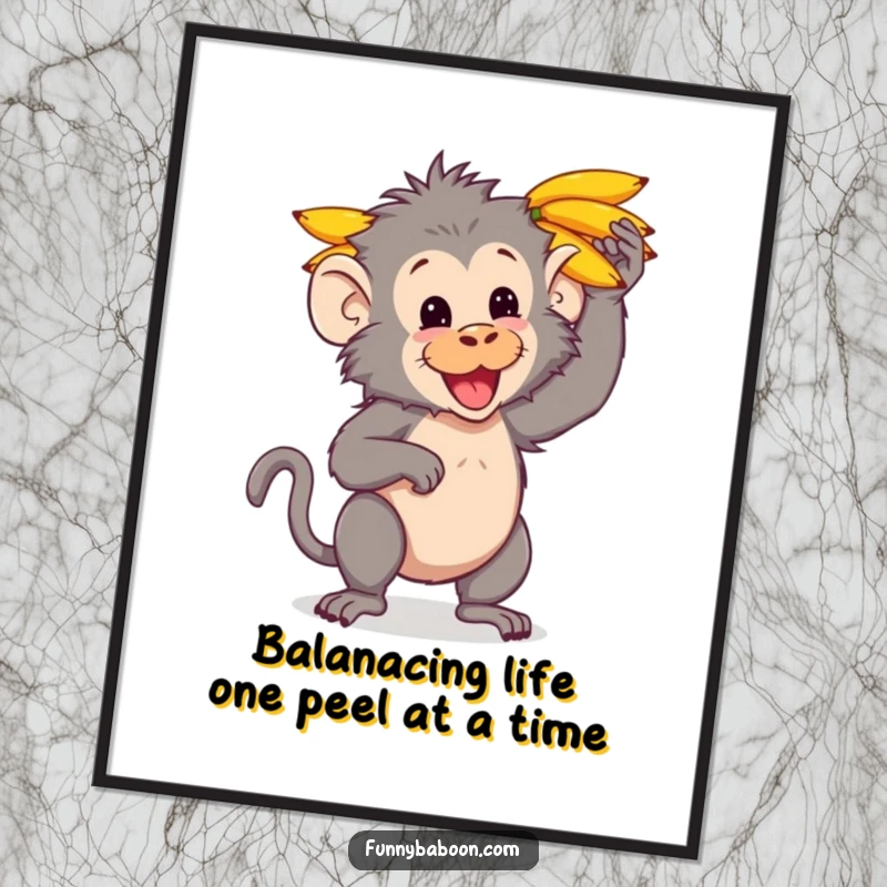 Funny free printable wall art: A whimsical kawaii baboon balancing a huge bunch of yellow bananas perfectly on its head.