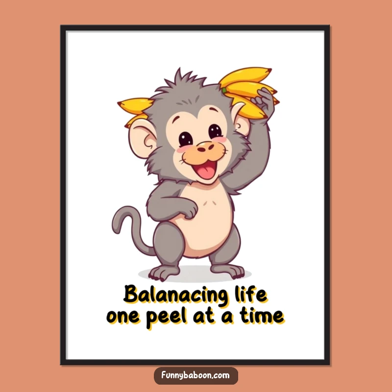Free Printable Wall Art: Funny Baboon Balancing Bananas, Quirky Downloadable Decor