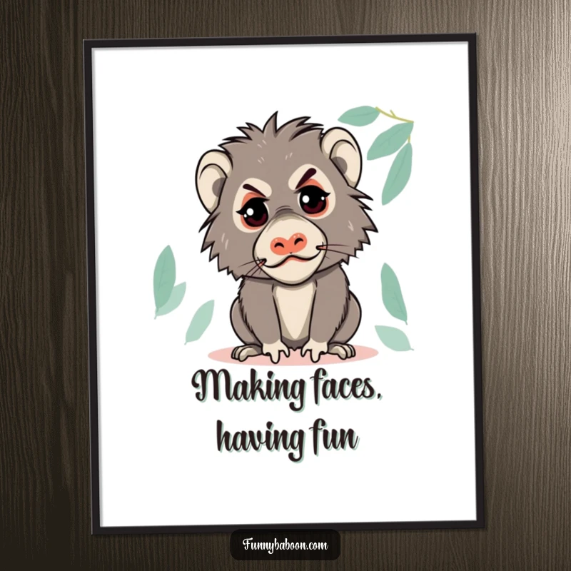 Funny free printable wall art: A mischievous kawaii baboon pulling a wonderfully silly and hilarious face with a twinkle in its eye.
