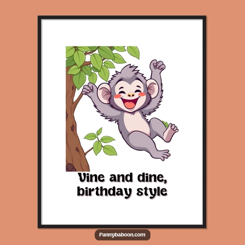 Free Printable Wall Art: Funny Kawaii Baboon Swinging Happily, Downloadable Joyful Decor
