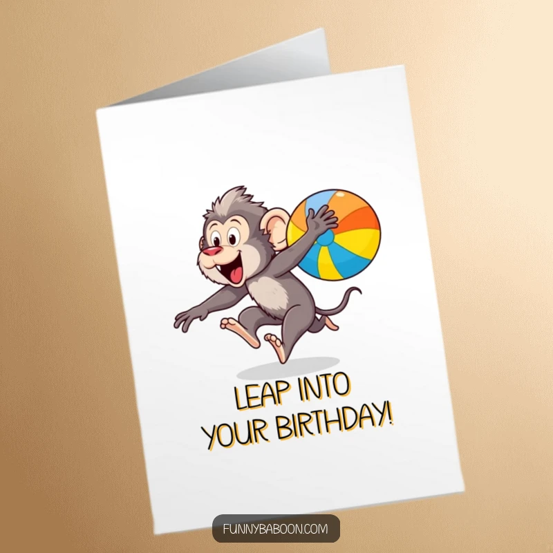 Funny free printable birthday card: An excited kawaii baboon leaping high in the air after a bright, colorful bouncing ball.