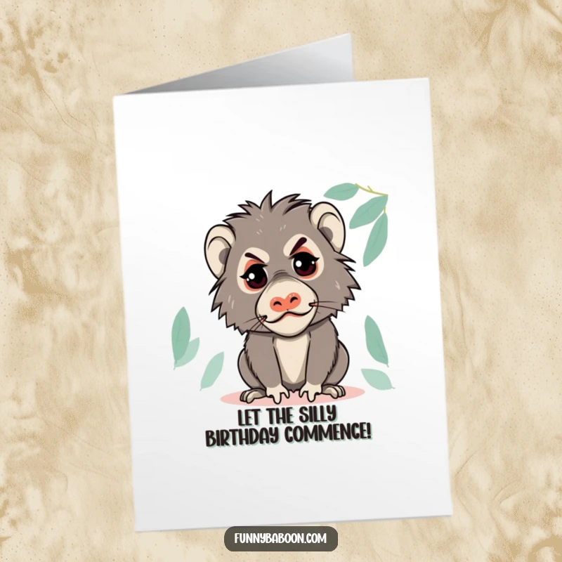 Funny free printable birthday card: A mischievous kawaii baboon with a glint in its eye, making a hilarious, silly face.
