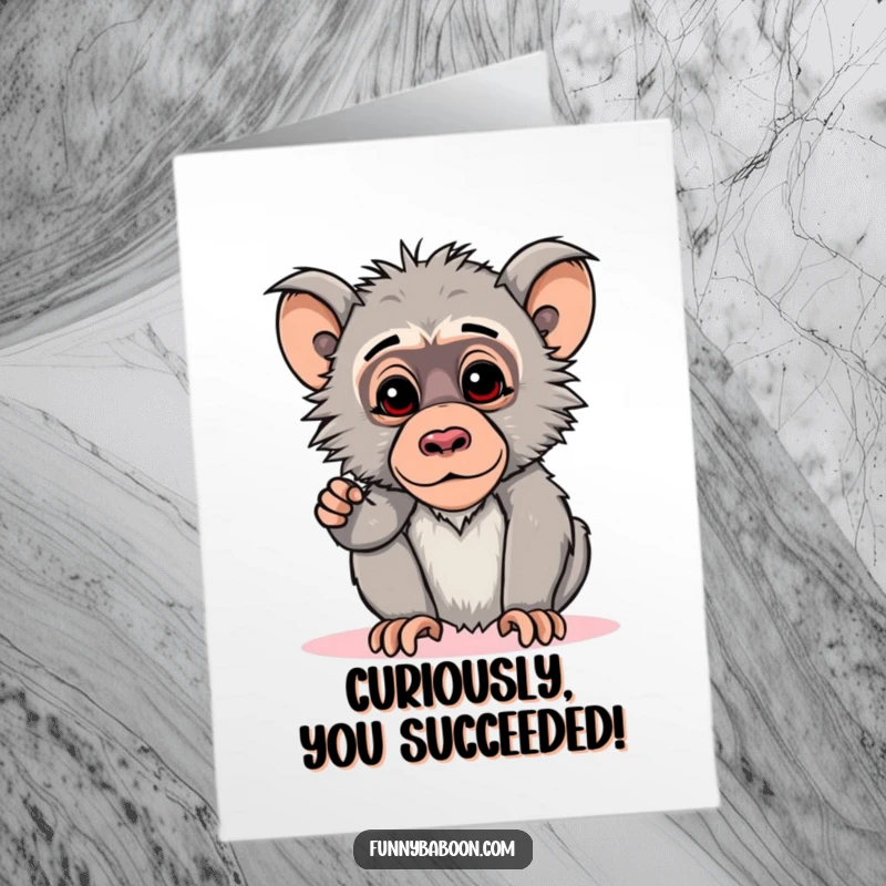 Funny free printable congratulations card: A kawaii baboon striking a curious pose, head tilted curiously downwards, contemplating success.