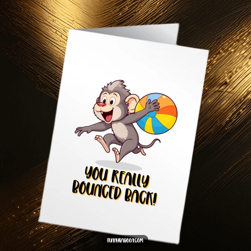 Funny free printable congratulations card: A spirited kawaii baboon gleefully leaping towards a vibrant, bouncing ball.