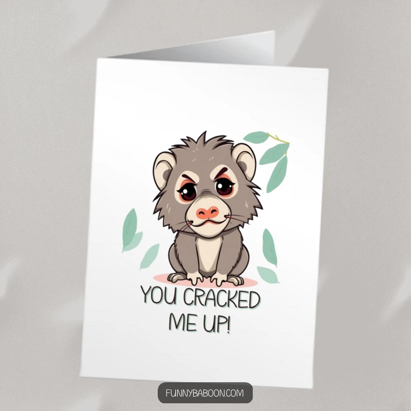 Funny free printable congratulations card: A kawaii baboon with a playful smirk, pulling a comical and mischievous face.