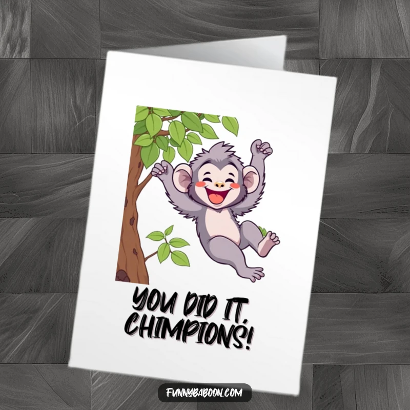 Funny free printable congratulations card: A super happy kawaii baboon swinging from a vine, celebrating a milestone.