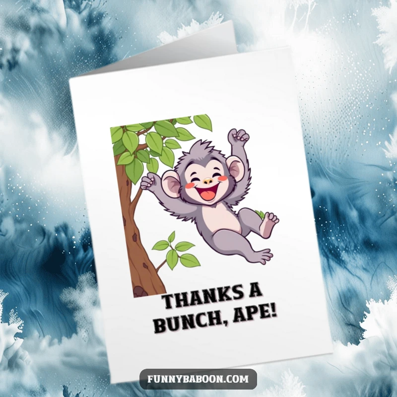 Funny free printable thank you card: A grinning kawaii baboon joyfully swinging from a vine, sending thanks.
