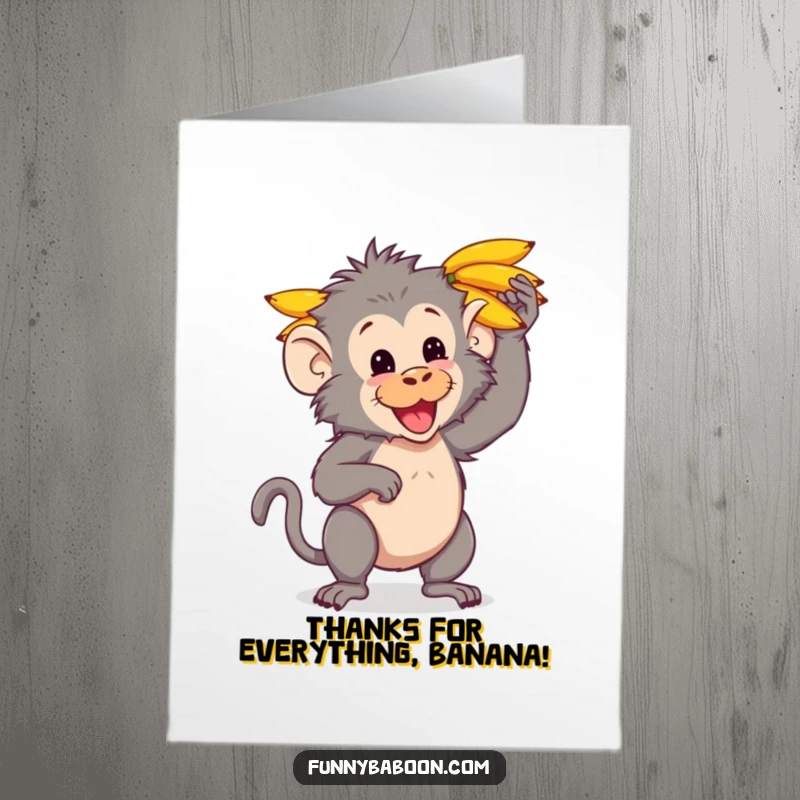 Funny free printable thank you card: A kawaii baboon with a focused look, balancing a stack of ripe bananas on its head.