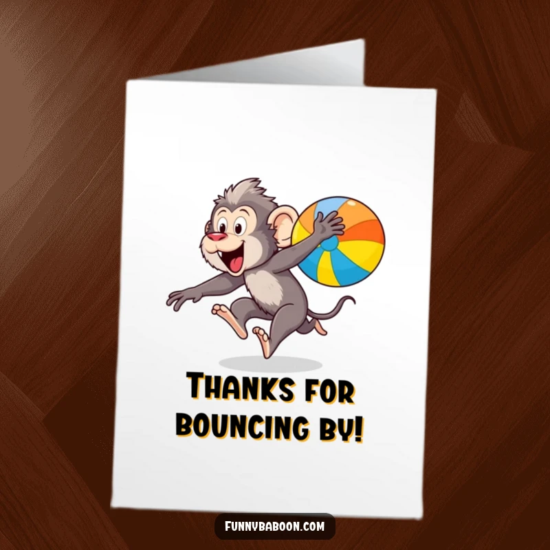 Funny free printable thank you card: An energetic kawaii baboon enthusiastically leaping after a colorful ball, expressing thanks.