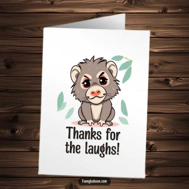 Funny free printable thank you card: A kawaii baboon with a mischievous glint, making a funny, exaggerated face to show thanks.