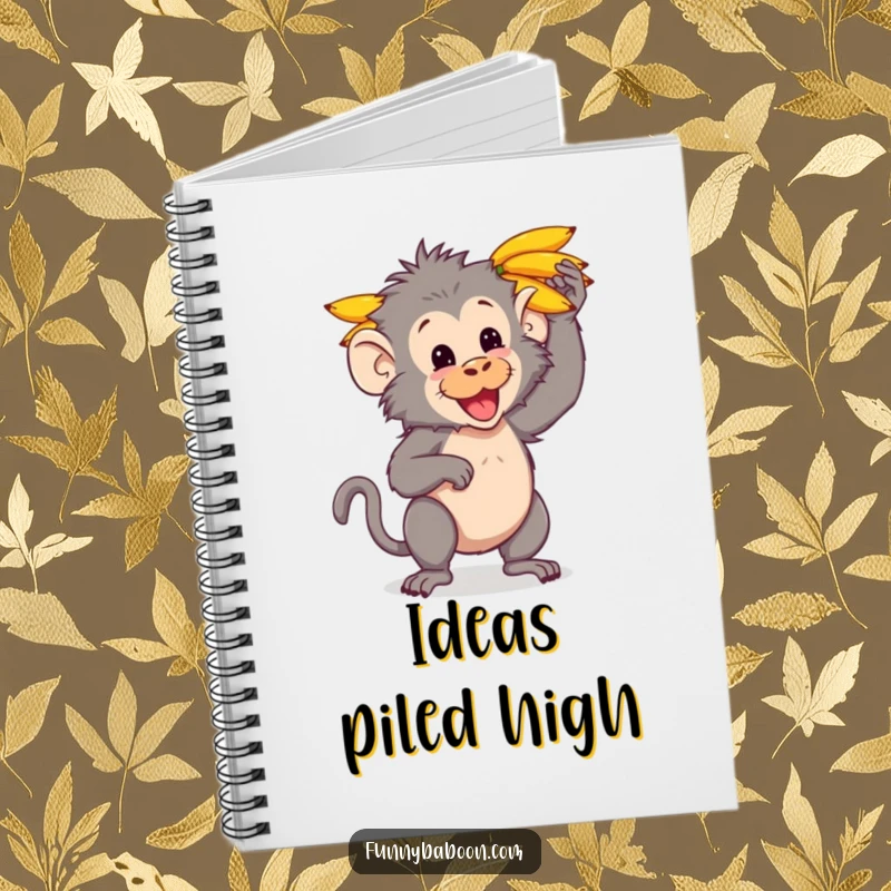 Funny Kawaii baboon notebook, playfully balancing a bunch of bananas on its head, perfect for jotting down notes and funny thoughts.