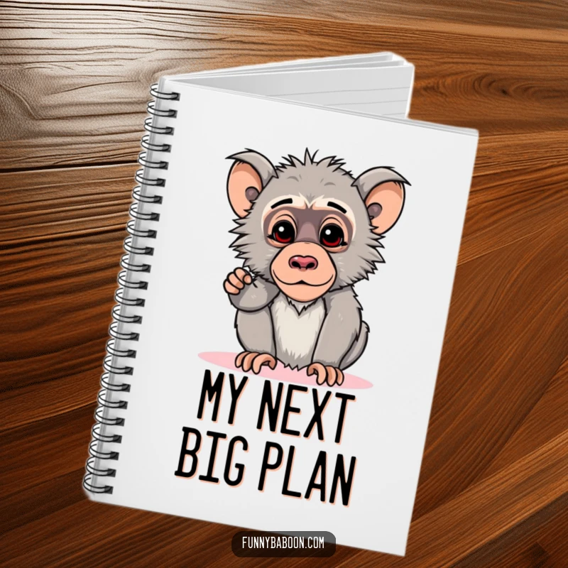 Funny Kawaii baboon notebook, striking a curious pose, head tilted downwards, perfect for jotting down thoughtful ideas.