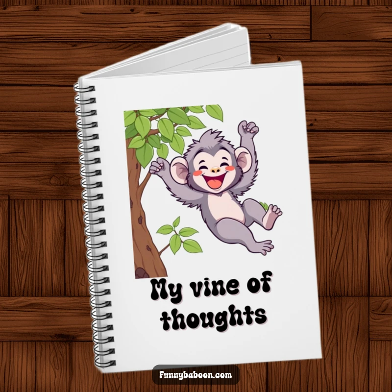 Funny Kawaii baboon notebook, joyfully swinging on a vine with a wide grin, ideal for jotting down funny thoughts and ideas.