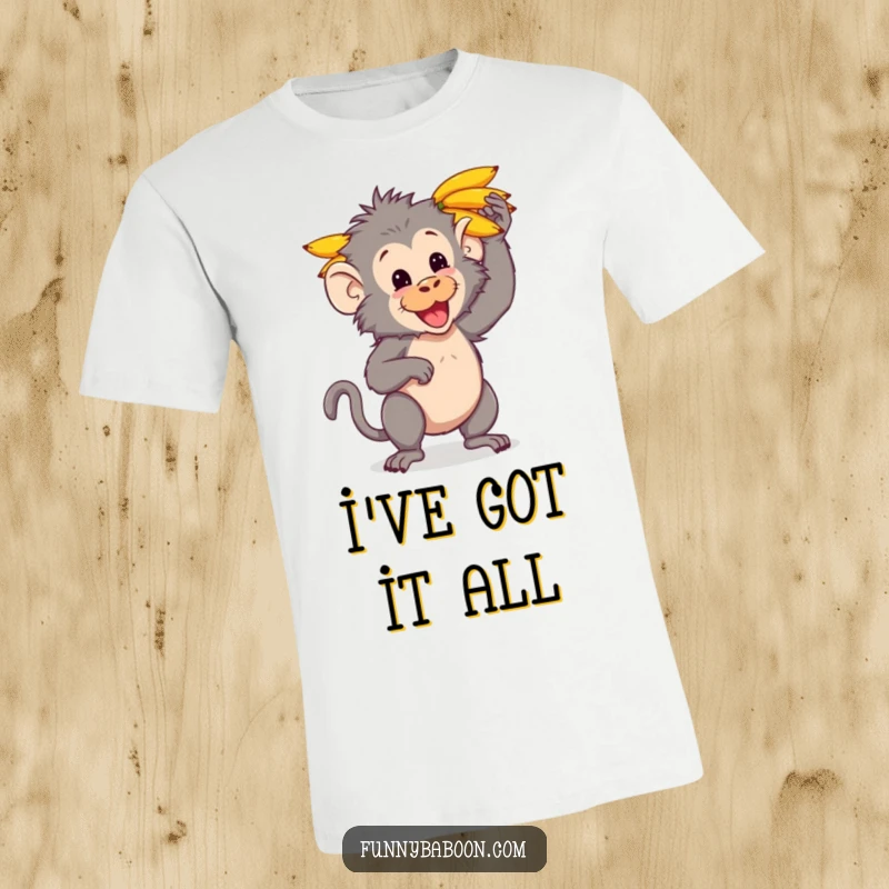 Funny Kawaii baboon t-shirt, expertly balancing a heap of bananas on its head, displaying impressive primate poise and humor.