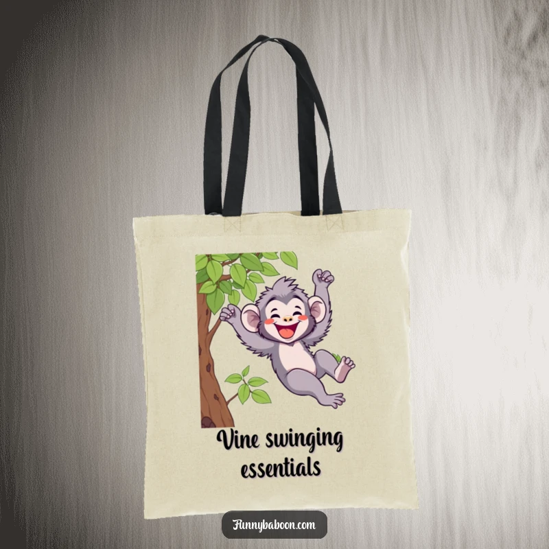 Funny Kawaii baboon tote bag, joyfully swinging on a vine with a massive grin, ready to carry your treasures with primate flair.